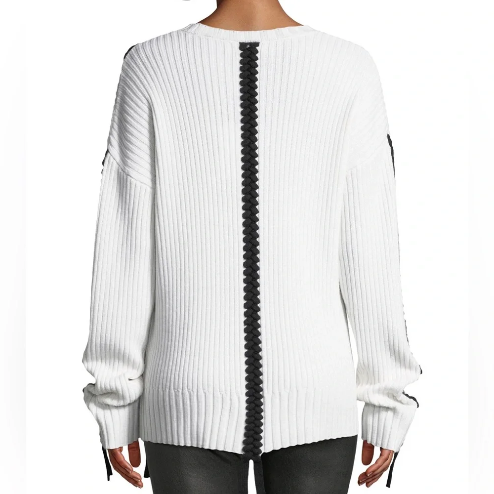 Derek Lam 10 Crosby Ribbed Wool Crewneck Sweater with Braided Detail in Ivory